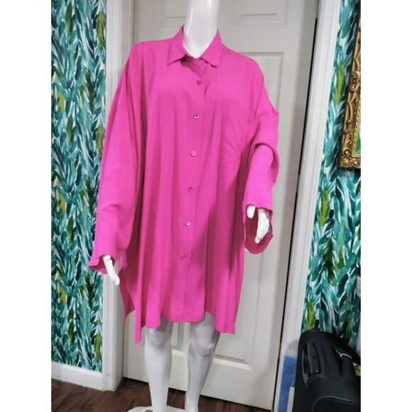 Adrienne Vittadini Silk Lagenlook Oversized Button Up Tunic Shirt Dress Pink M - Picture 3 of 16